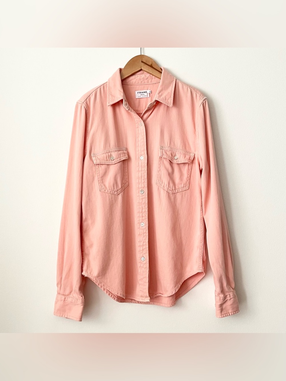 Frame Denim Women's Button Down Shirt XS Distressed Coral Pink Boho Soft Comfy